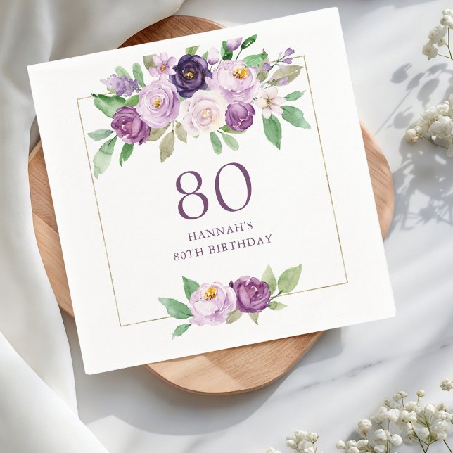 Lila | Violet Blommigt 80:e födelsedagen Pappersservett (Skapare uppladdad)