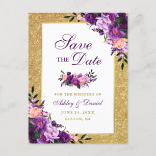 Lila Violet Blommigt Guld Glitter Spara datum Meddelande Vykort