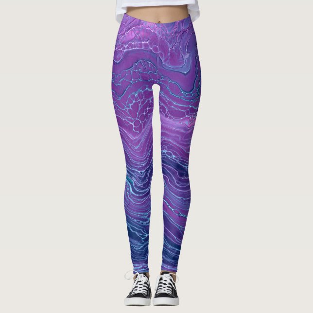 Lila Violet Blue Marbling Akrylic Abstraction Leggings (Framsida)