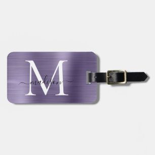 Lila Violet Brushed Metall Script Monogram Cute Bagagebricka