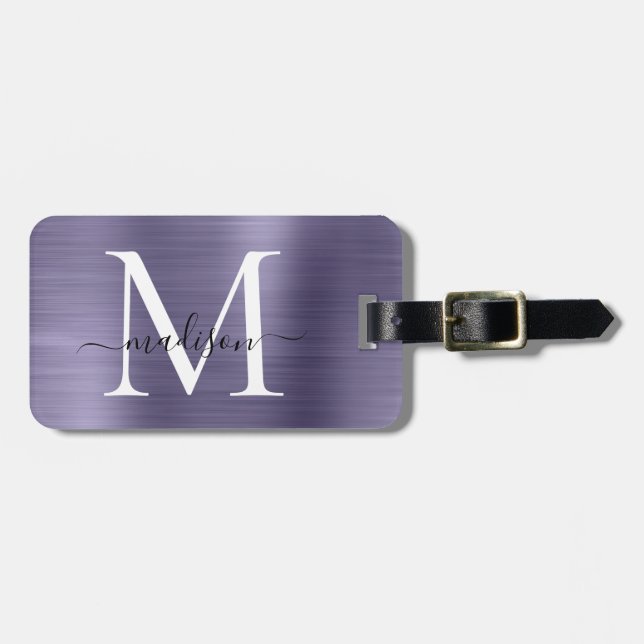 Lila Violet Brushed Metall Script Monogram Cute Bagagebricka (Horisontell Framsida)