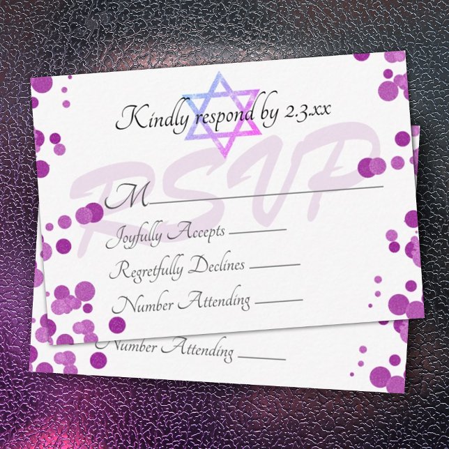 Lila Violet Bubbles Dots Bat mitzvah OSA kort (purple shimmery lights bat mitzvah rsvp card, purple bubbles polka dots cute reply enclosure cards )