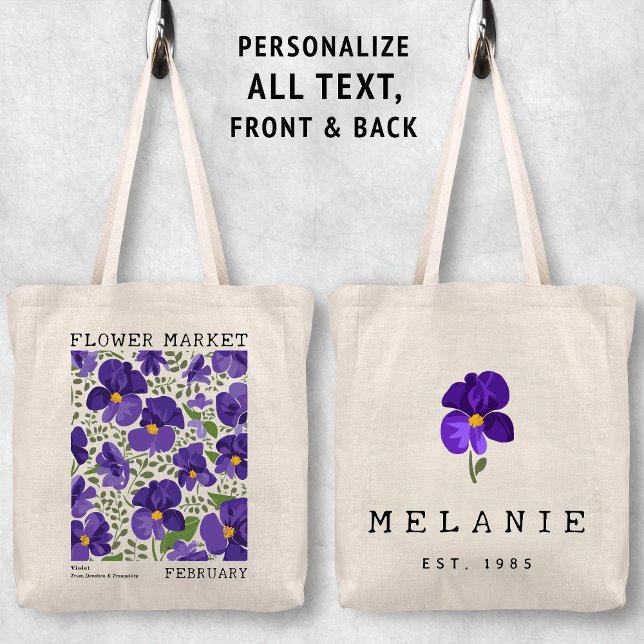 Lila Violet Februari Birkeland Flower Market Namn Tygkasse (Personalized February Birth Flower Market Tote Bag, Custom Name Bag, Bachelorette Bridesmaid Gifts )