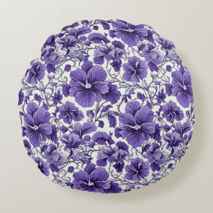 Lila Violet Flowers Botaniskt Blommönster Rund Kudde