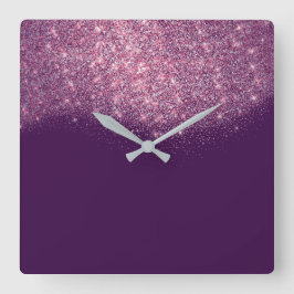 Lila Violet Glitter Confetti Rosa ros Glam Fyrkantig Klocka