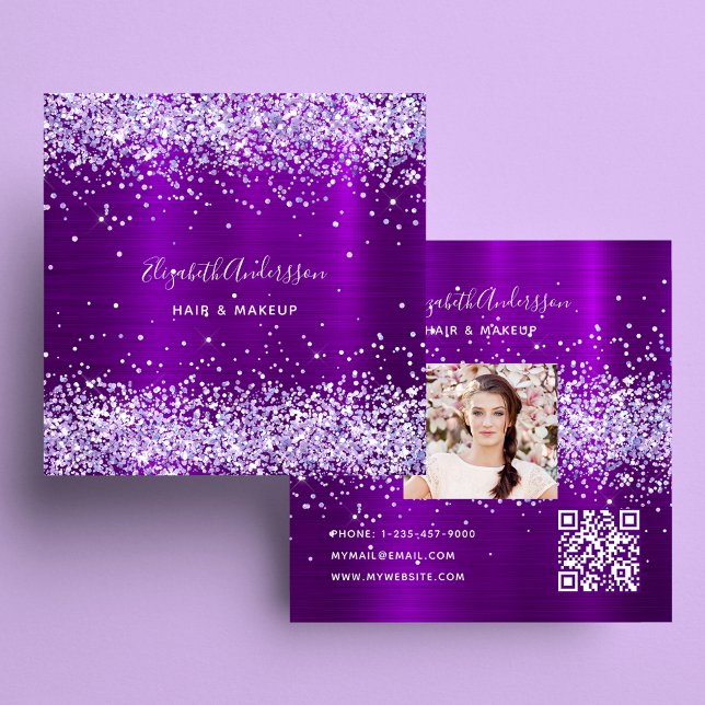 Lila violet glitter fotoqr-kod fyrkantigt visitkort (Skapare uppladdad)
