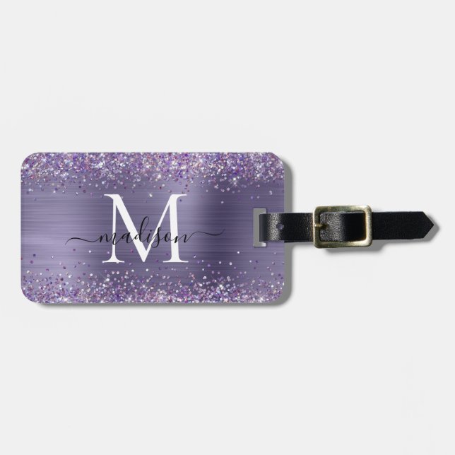 Lila Violet Glitter Push Metall Monogram-skript Bagagebricka (Horisontell Framsida)