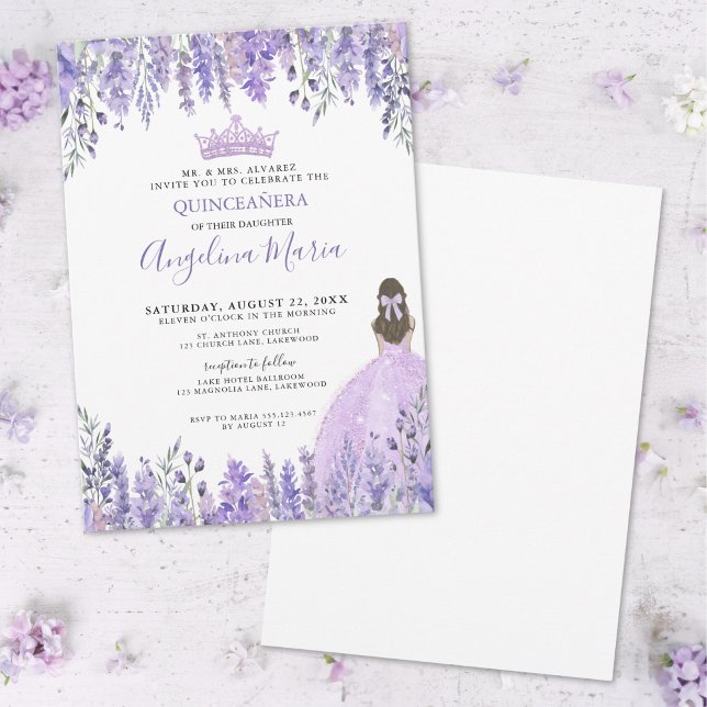 Lila Violet Gnistra Tiara Blommigt Quinceañera Inbjudningar (Purple Violet Sparkle Tiara Floral Quinceañera Invitation)