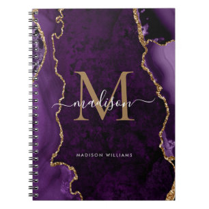 Lila Violet Guld Agate Geode Monogram-skript Anteckningsbok