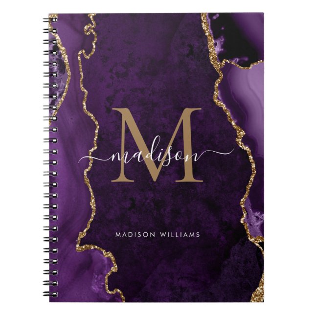 Lila Violet Guld Agate Geode Monogram-skript Anteckningsbok (Framsidan)