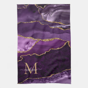 Lila Violet Guld Glitter Geode Marble Monogram Kökshandduk