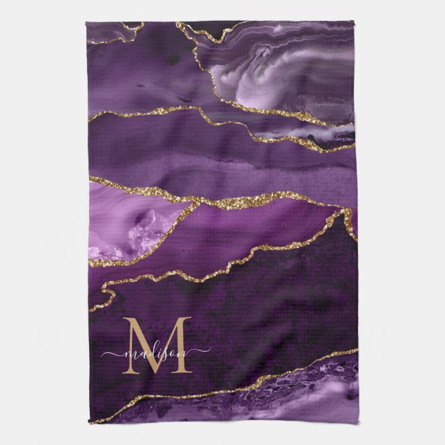 Lila Violet Guld Glitter Geode Marble Monogram Kökshandduk (Vertikal)