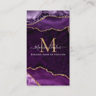 Lila Violet Guld Glitter Marble Agate Monogram Visitkort