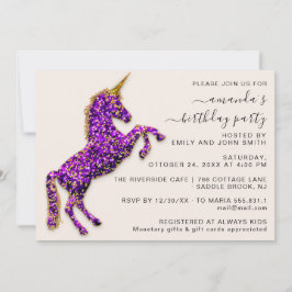 Lila Violet Guld Glitter Unicorn Horse Inbjudningar