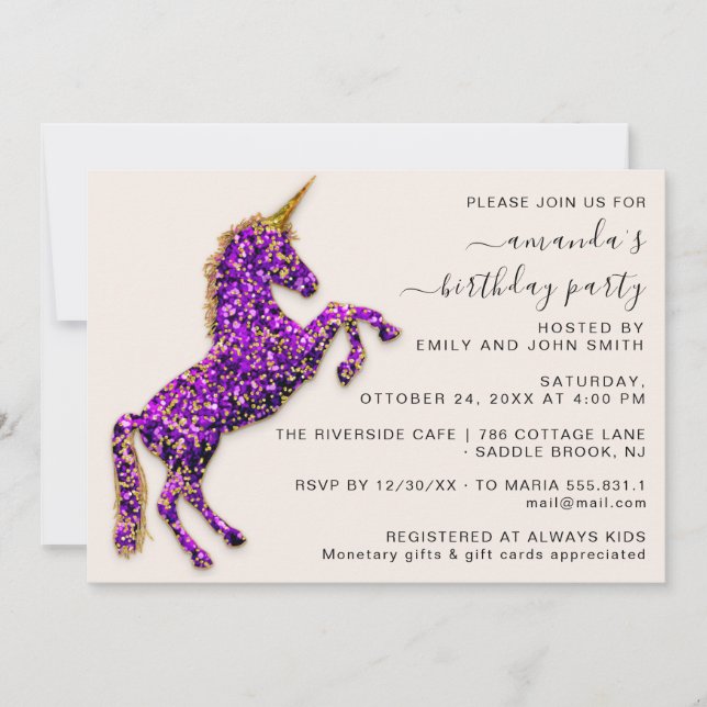 Lila Violet Guld Glitter Unicorn Horse Inbjudningar (Framsida)