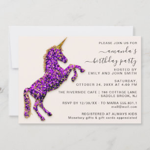 Lila Violet Guld Glitter Unicorn Horse Inbjudningar