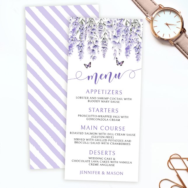 Lila violet lavender blommigt bröllop-menykort (Skapare uppladdad)