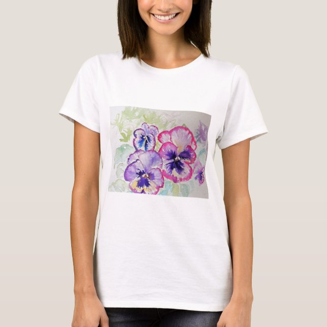 Lila Violet Pansy Watercolor-målning T Shirt (Framsida)
