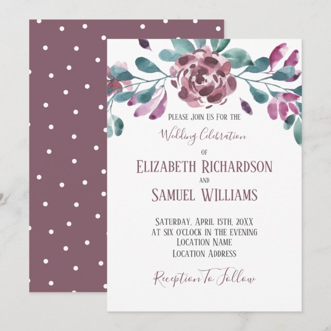 Lila Violet Peony Watercolor Polka punkt tillbaka Inbjudningar (Fram/baksida)