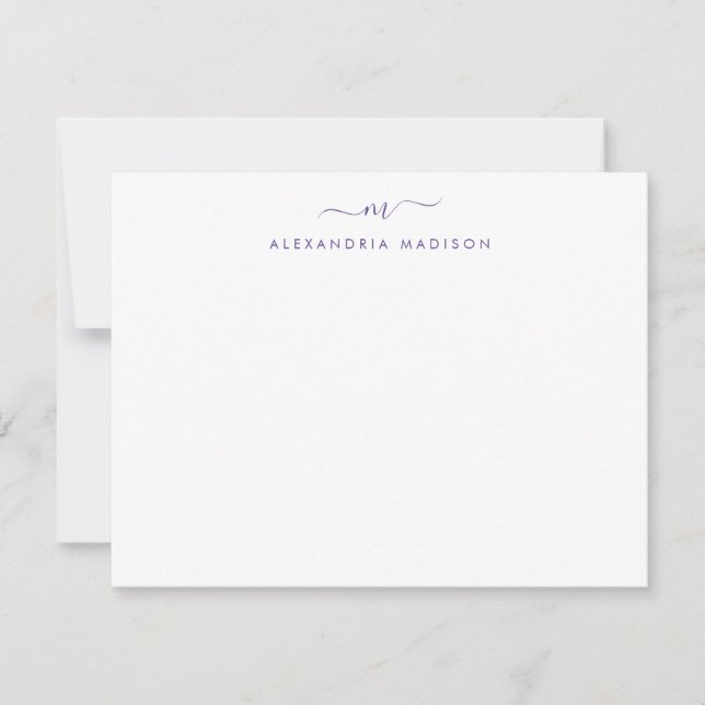 Lila Violet Script Monogram Swash Stationery Anteckningskort (Framsida)
