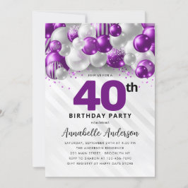 Lila Violet Silver Balloon Glitter 40:e födelsedag Inbjudningar