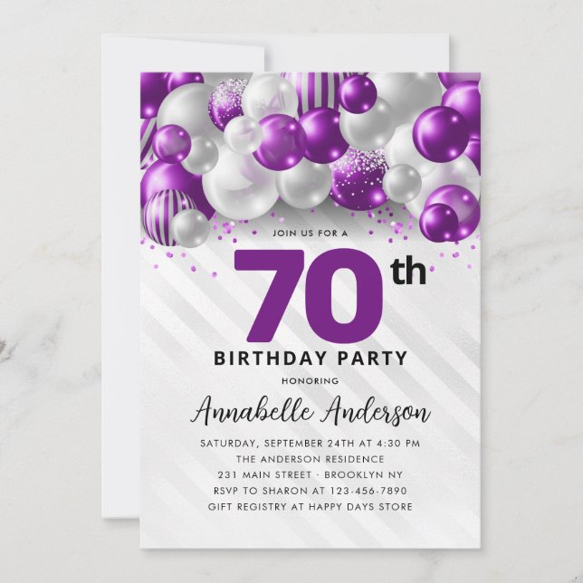 Lila Violet Silver Balloon Glitter 70:e födelsedag Inbjudningar (Framsida)