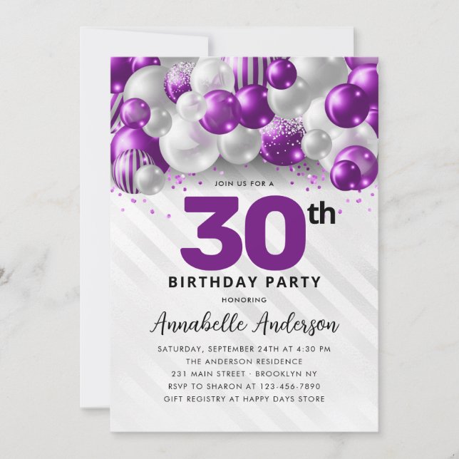 Lila Violet Silver Blegon Glitter 30års födelsedag Inbjudningar (Framsida)