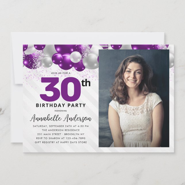 Lila Violet Silver Blegon Photo Birthday Inbjudningar (Framsida)
