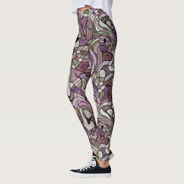 Lila Violet Warpe Twisted Retro Squares Mönster Leggings (Vänster)