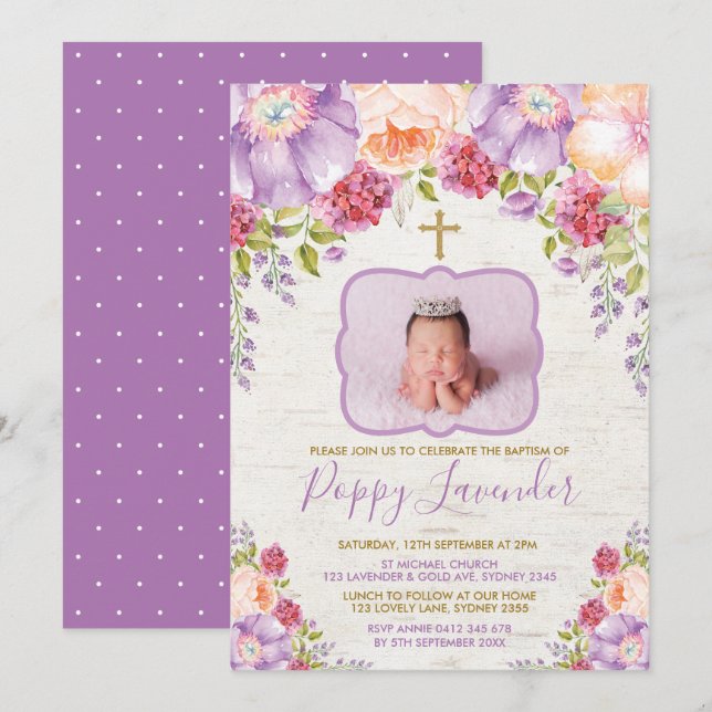 Lila Violet Watercolor Blommigt Baptism Communion Inbjudningar (Fram/baksida)