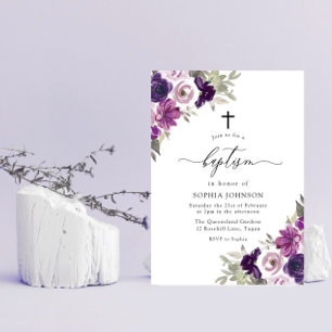 Lila Violet Watercolor Flowers Baptism Inbjudningar