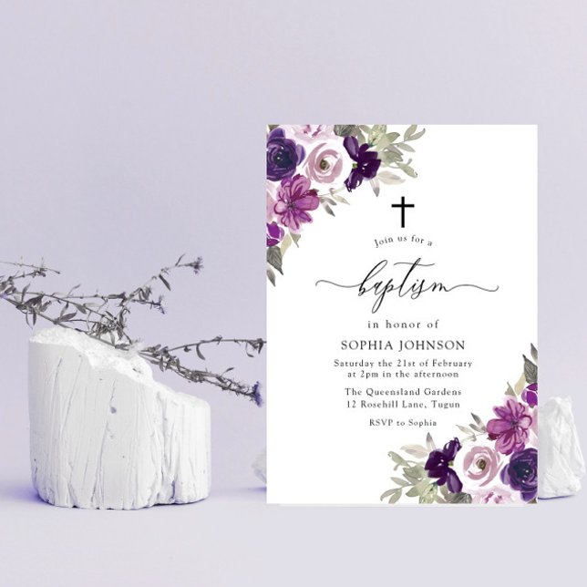 Lila Violet Watercolor Flowers Baptism Inbjudningar (Skapare uppladdad)