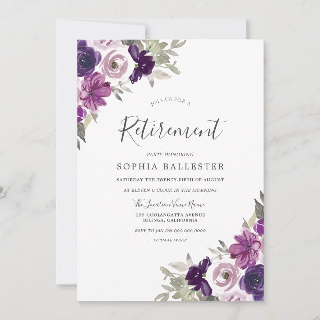 Lila Violet Watercolor Flowers Pension Party Inbjudningar (Framsida)