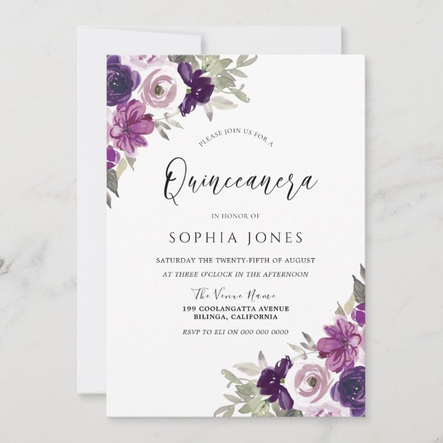 Lila Violet Watercolor Flowers Quinceanera Party Inbjudningar (Framsida)