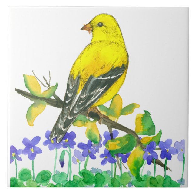 Lila Violets American Goldfinch Bird Gult Kakelplatta (Framsidan)