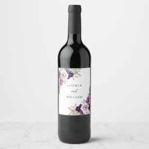 Lila Violett Akvarell Blommig Bröllopsförlovning Vinflaska Etikett