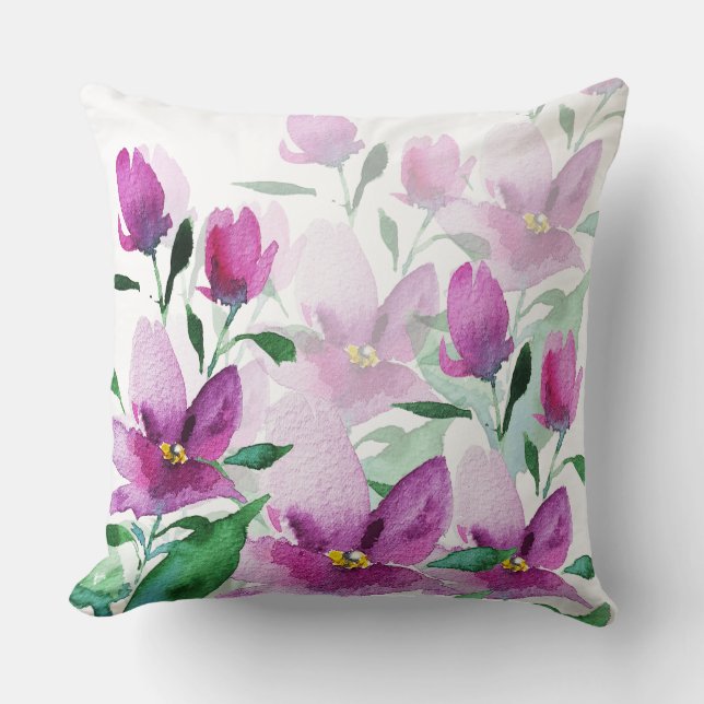 Lila Violett Akvarell Blommig Handmålad Kudde (Framsida)