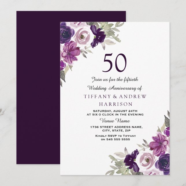 Lila Violett Blommig 50-års Bröllopsjubileum Inbjudningar (Fram/baksida)