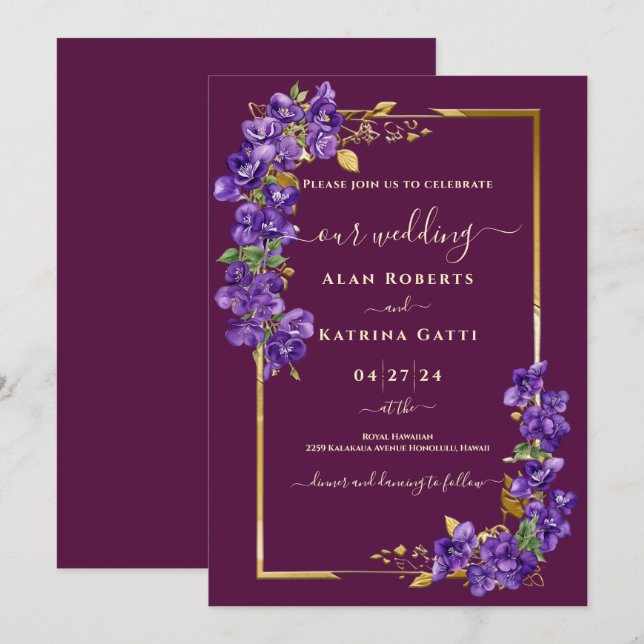 Lila Violett Blommig Elegant Burgunder Inbjudan (Fram/baksida)