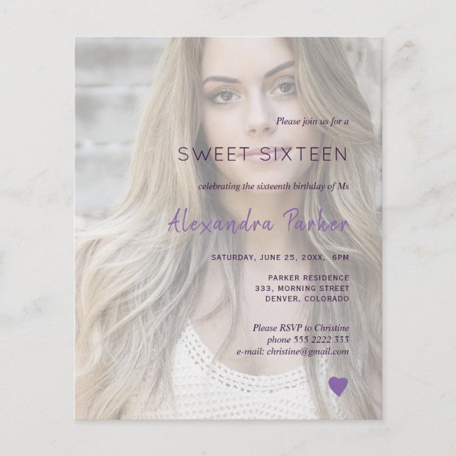 Lila violett enkelt foto sweet sixteen inbjudan (Framsida)