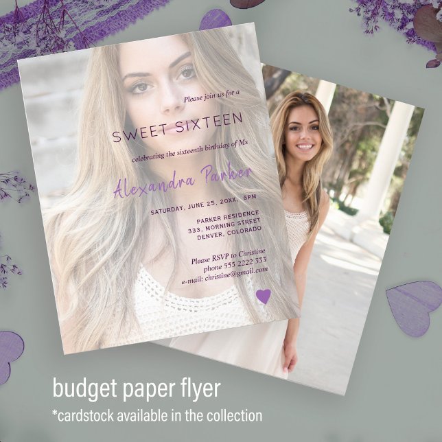 Lila violett enkelt foto sweet sixteen inbjudan flygblad (Skapare uppladdad)