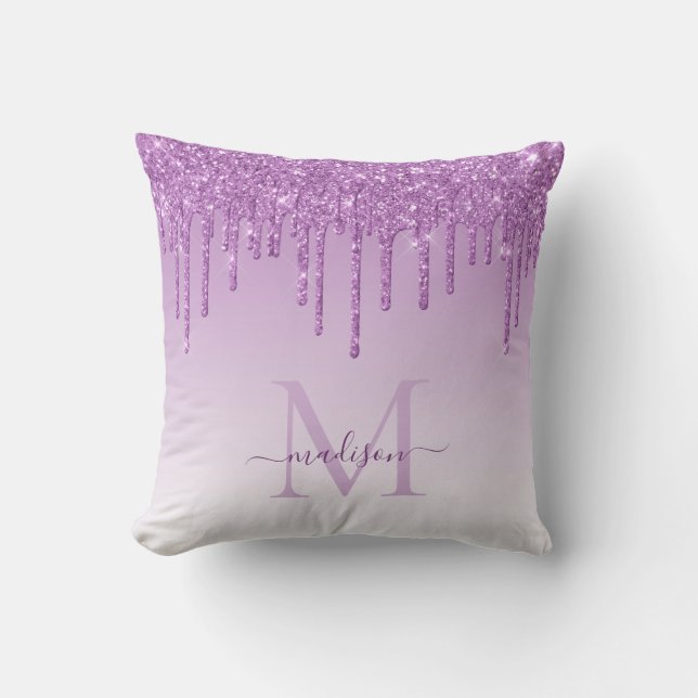 Lila Violett Glitterdroppar Glam Monogram Skrift Kudde (Framsida)