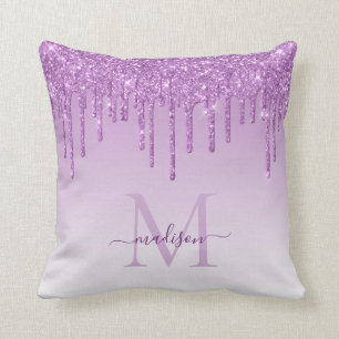 Lila Violett Glitterdroppar Glam Monogram Skript Kudde