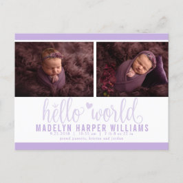 Lila Violett Hello World Foto Födelse Statistik Meddelande Vykort