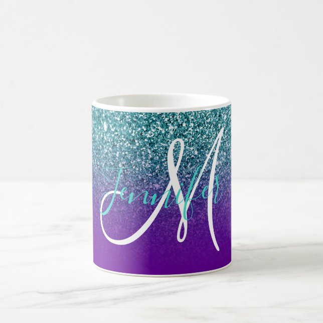 Lila Violett Och Teal Ombre Glitter Monogram Kaffemugg (Center)