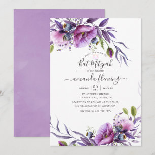 Lila Violett Poppy Blommig Bat Mitzvah Inbjudningar