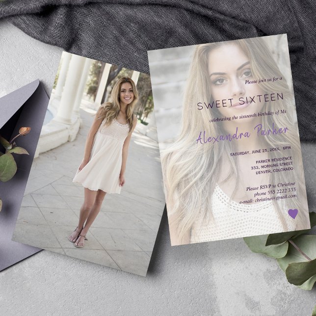 Lila violett sweet sixteen av enkla hjärtfoto inbjudningar (Skapare uppladdad)