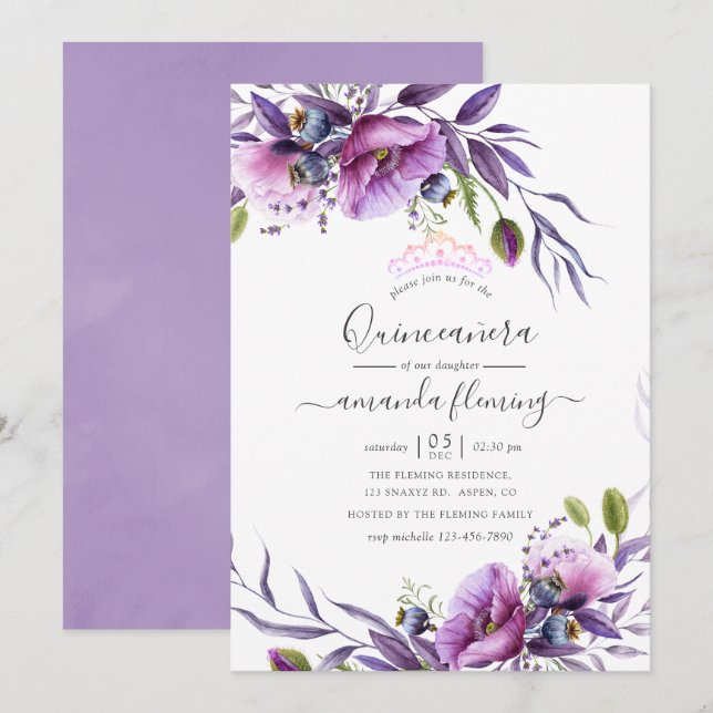 Lila Violett Vallmo Blommig Quinceañera Inbjudningar (Fram/baksida)