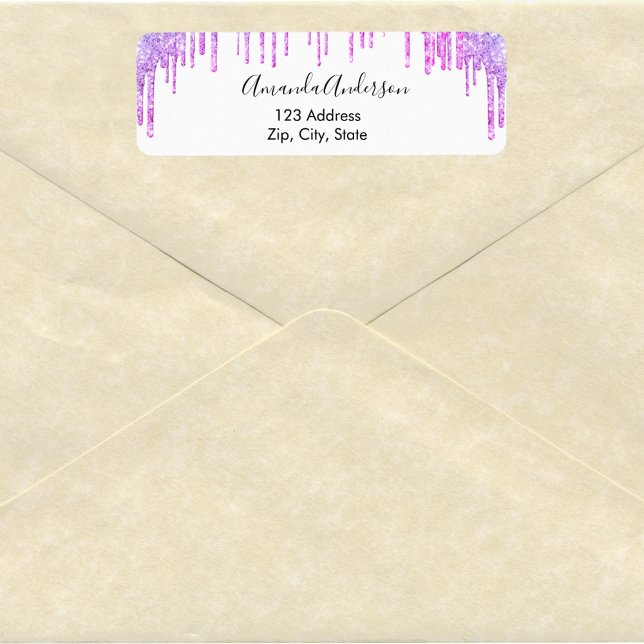 Lila violett vit glittrig droppad returadress etikett (Skapare uppladdad)
