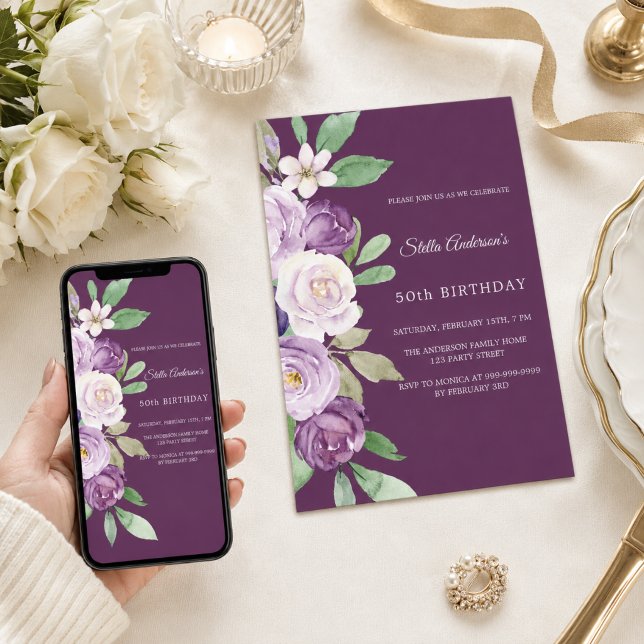 Lila violetta blommig födelsedag inbjudningar (Skapare uppladdad)